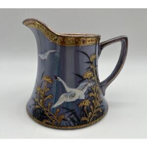 Vintage Japanese Blue & Gold Hand Painted Jeweled Flying Geese Luster Creamer 4”